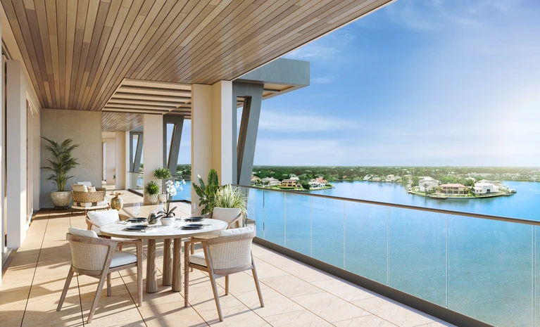 3300 Gulf Shore Blvd terrace with Outer Doctor's Bay marina view, Naples FL luxury waterfront condominium