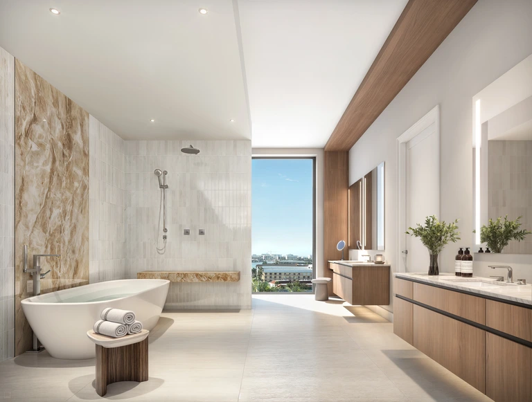 3300 Gulf Shore Blvd primary bath with freestanding tub, Dornbracht fixtures, and rainfall shower, Naples FL luxury condominium