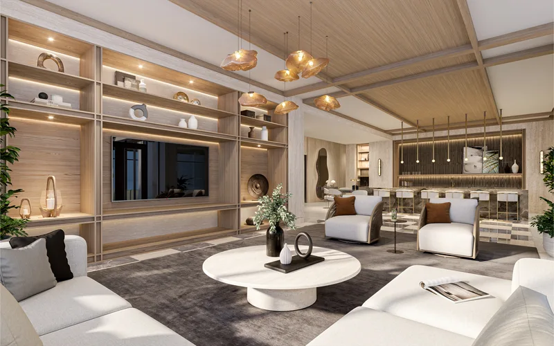 3300 Gulf Shore Blvd club lounge with residents bar and tasting table, Naples FL luxury waterfront condominium