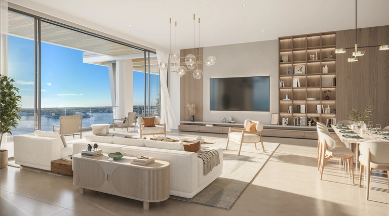 3300 Gulf Shore Blvd open great room with large-format porcelain tile and floor-to-ceiling glass, Naples FL luxury condominium