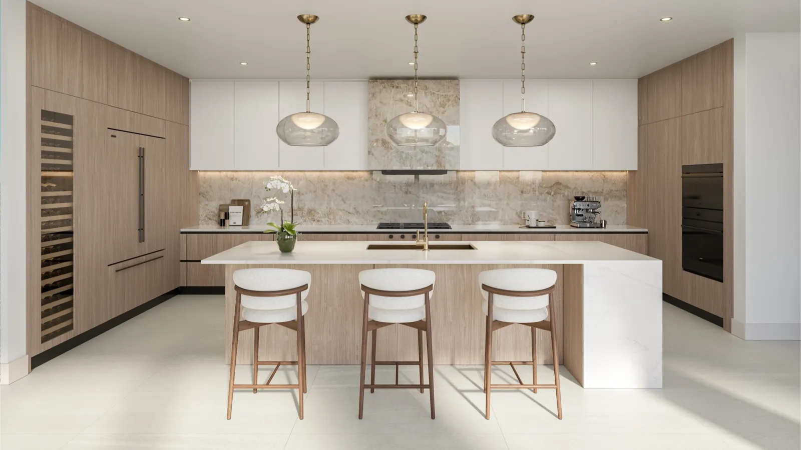 3300 Gulf Shore Blvd chef's kitchen with Sub-Zero and Wolf appliances and waterfall-edge island, Naples FL luxury condominium