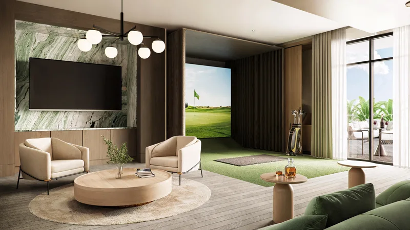 3300 Gulf Shore Blvd sports and gaming lounge with multi-sport simulator, Naples FL luxury condominium amenities