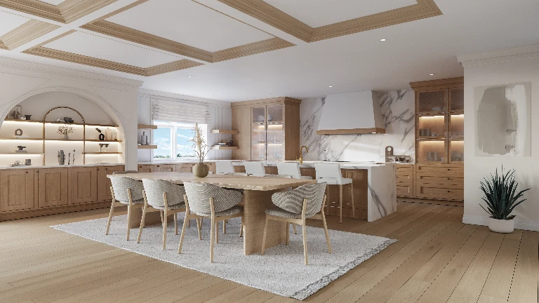 Harbour House Naples great room with bay views and European white oak hardwood flooring