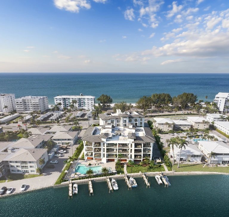 Aerial rendering of Harbour House Naples showing three waterfront residential buildings with bayfront boat slips, resort-style pool, and Gulf of Mexico views on Gulf Shore Boulevard North