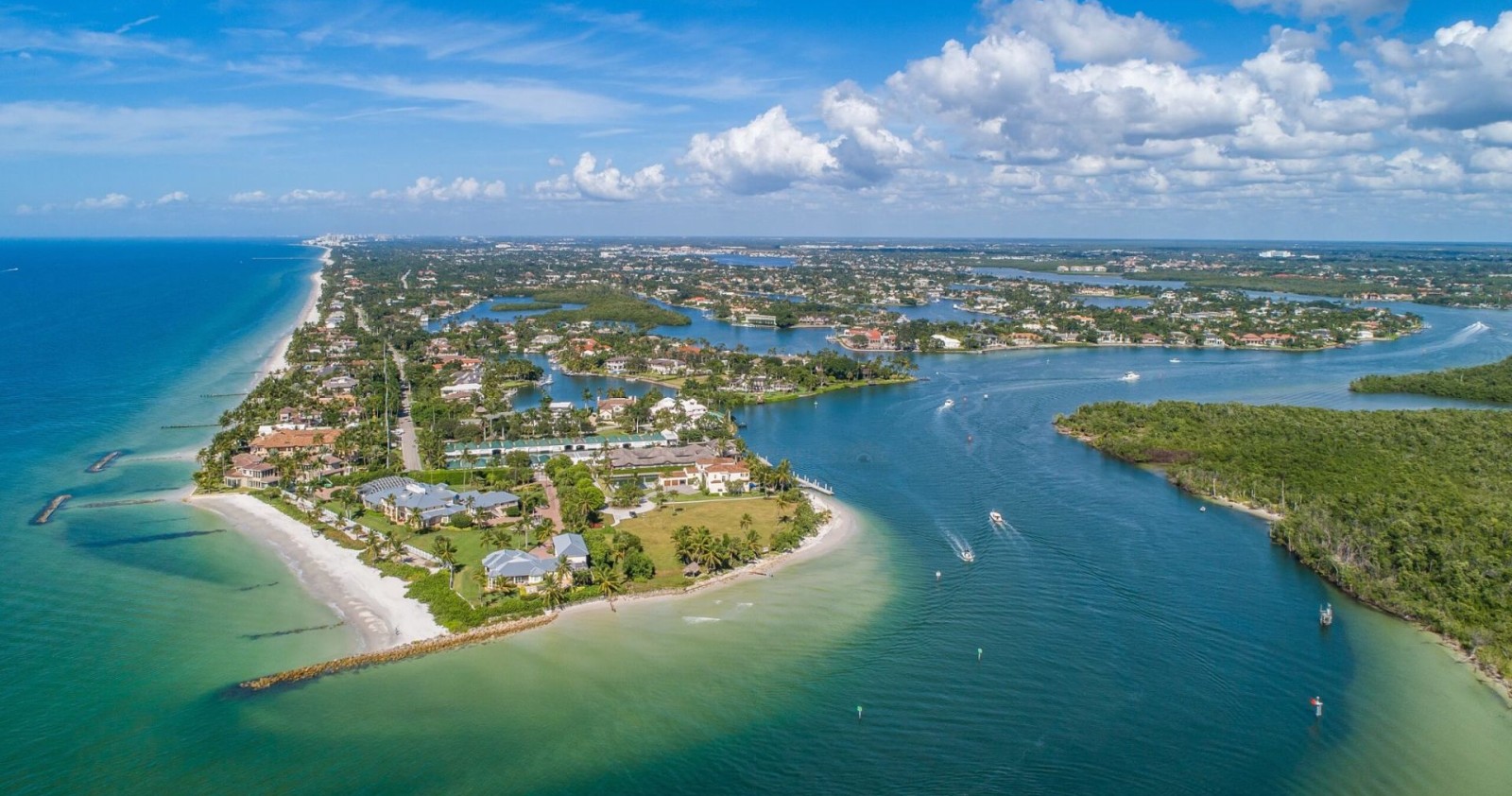 aerial view of port royal waterfront and gordon pass, naples, florida