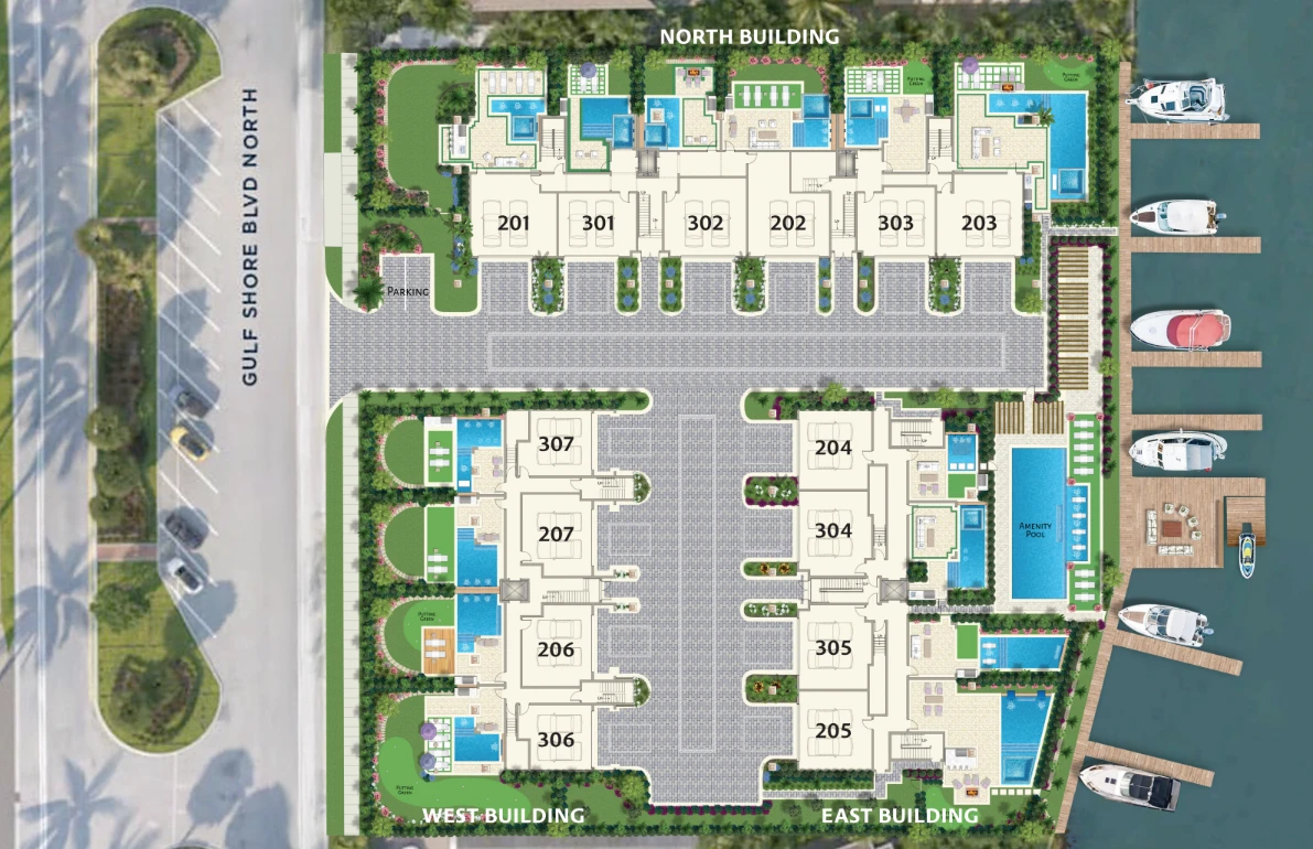 Harbour House Naples site plan showing North West and East buildings with unit positions parking pool boat slips and garden retreats