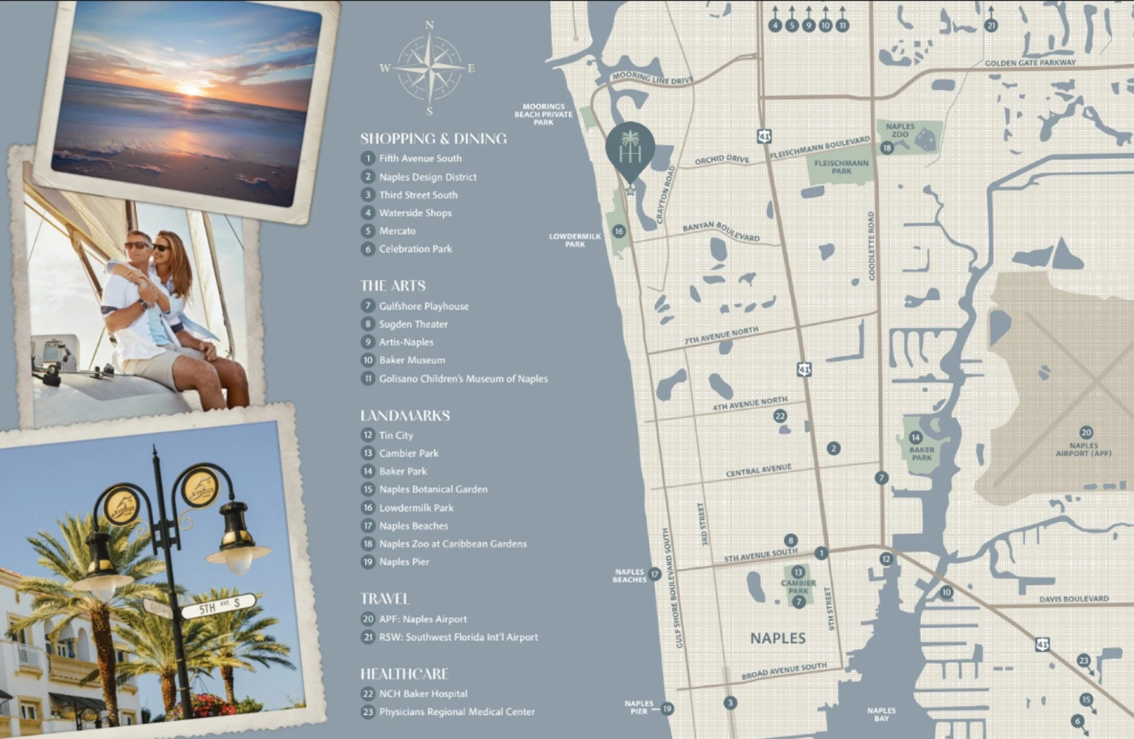 Map showing Harbour House Naples location at 1624 Gulf Shore Boulevard North in Coquina Sands with proximity to Fifth Avenue South and Lowdermilk Park