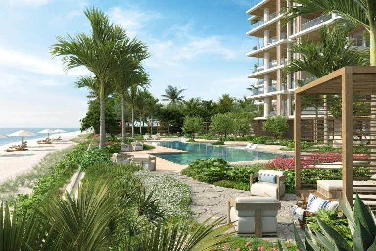Olana Residences Naples beachfront pool and beach club amenities - luxury condo development on Gulf Shore Boulevard