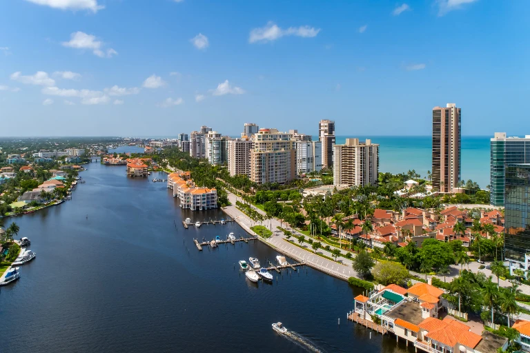 Park Shore Naples aerial view Gulf Shore Boulevard beachfront high-rise condominiums