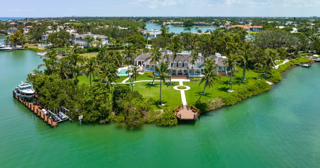 port royal naples aerial view waterfront estate on private peninsula with private dock, boat lift, pool, and gulf access in naples florida