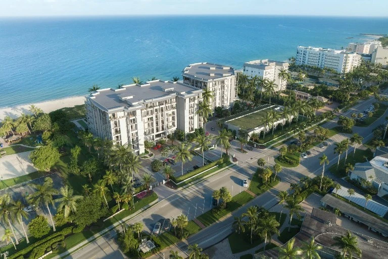Rosewood Residences Naples aerial rendering - beachfront luxury condos on Gulf Shore Boulevard in Old Naples
