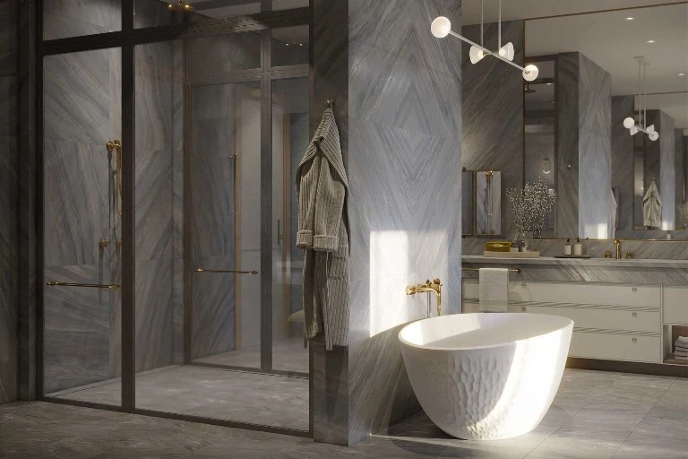 Rosewood Residences Naples primary bathroom rendering - ultra-luxury branded residence finishes in Old Naples