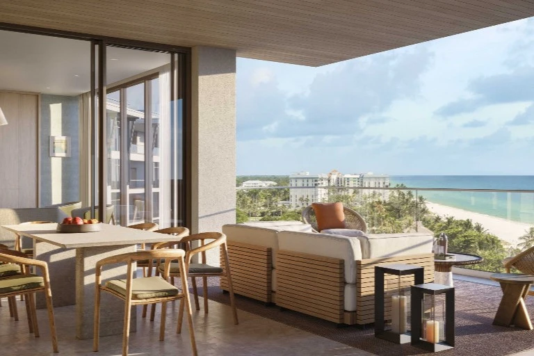 Rosewood Residences Naples terrace rendering with Gulf view - luxury branded residence interior in Old Naples
