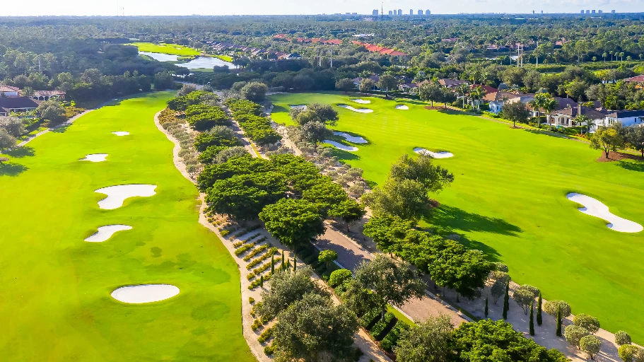 Aerial view of the Greg Norman and Pete Dye golf course at Talis Park in Naples, Florida