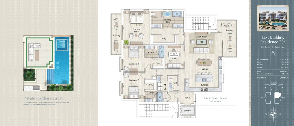 Harbour House East Building Residence 304 floor plan showing 2750 square foot layout with 3 bedrooms plus den and private garden retreat